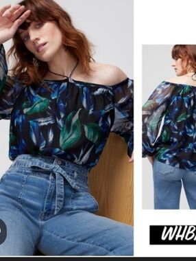 NWT White House Black Market Off-Shoulder Floral Blouse in Blue & Green